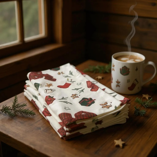 Stack of Christmas-themed napkins with a steaming mug on a wooden surface.