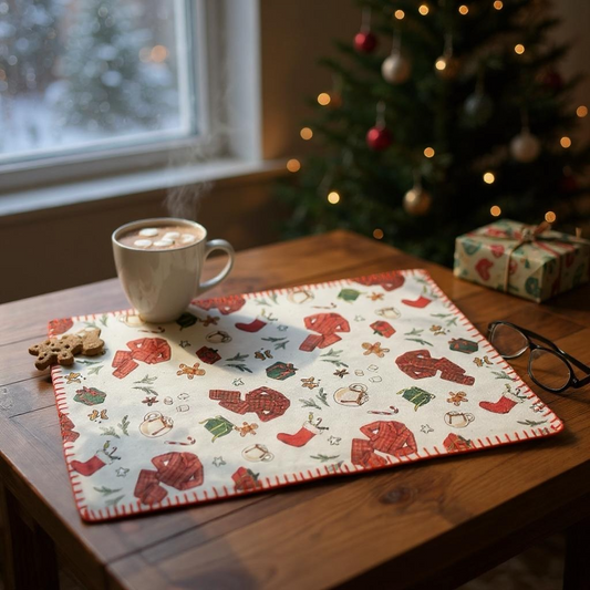 Christmas-themed placemat featuring playful illustrations of cozy pajamas, presents, holiday stockings, mugs of cocoa with marshmallows, gingerbread cookies, and winter greenery on a white background with red edging.