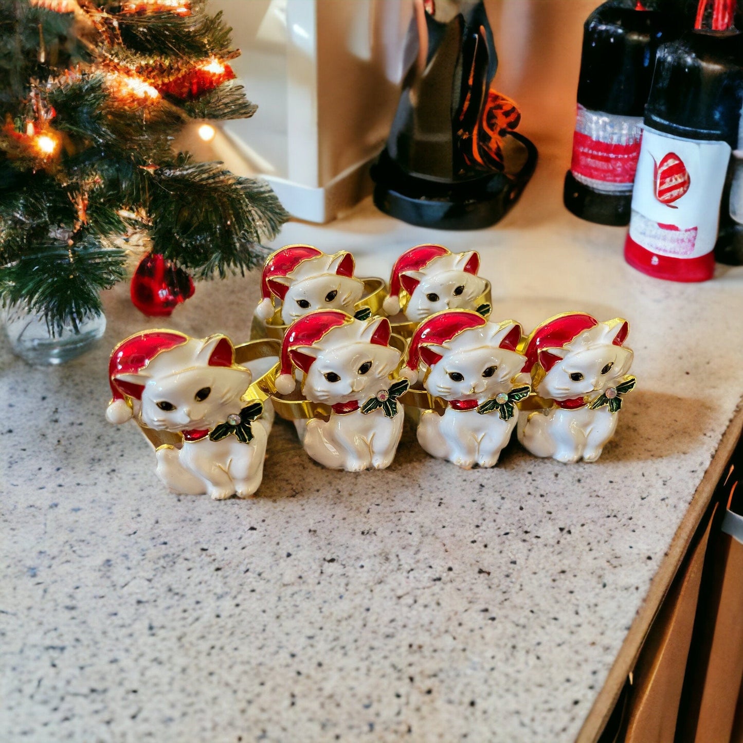 Anghild's Table Napkin rings Christmas Cat Napkin Rings set of 6