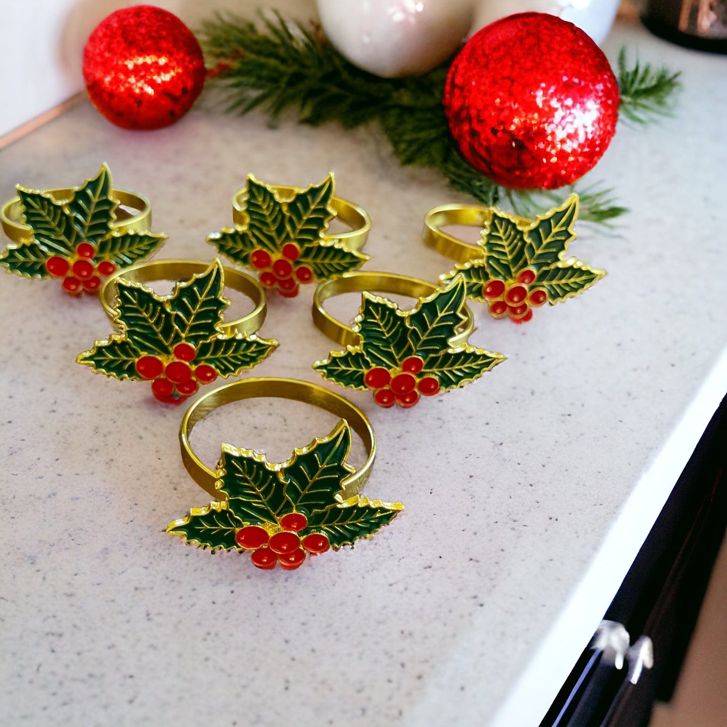 Anghild's Table Christmas napkin ring Christmas Holly Napkin Rings set of 6