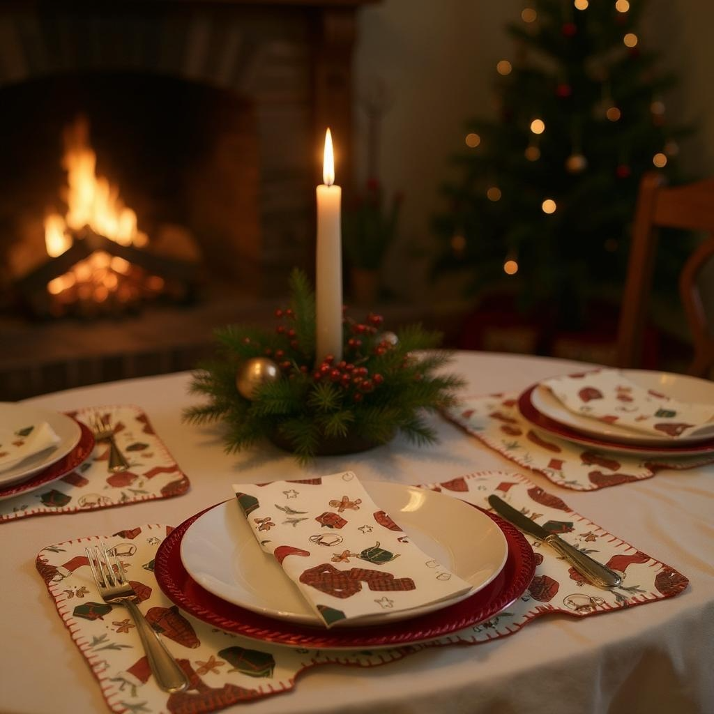 Set Christmas table with plates, napkins, and a candle in front of a fireplace and tree.