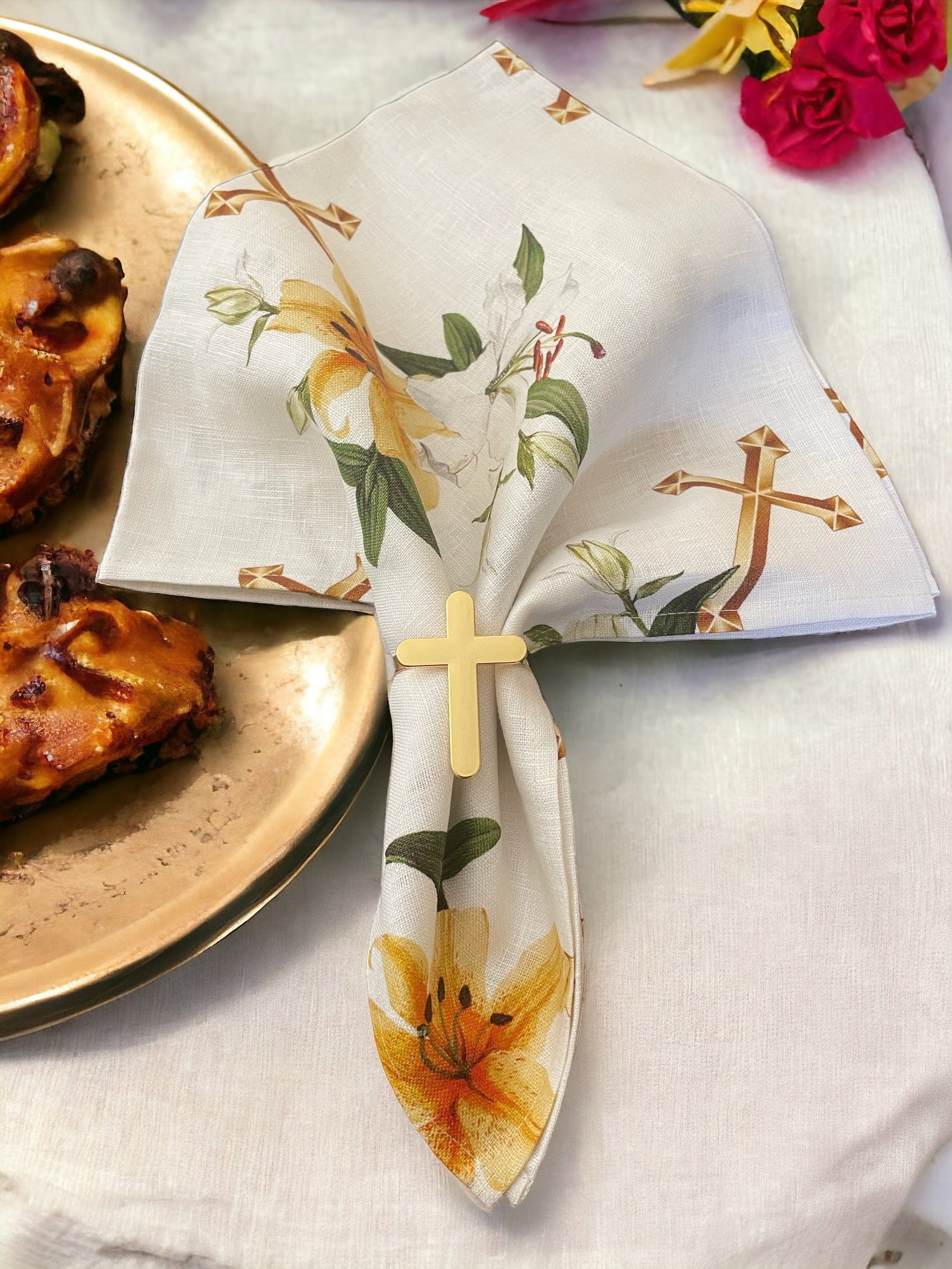 Anghild's Table Napkin Lily and Cross Linen Napkin Set of 4