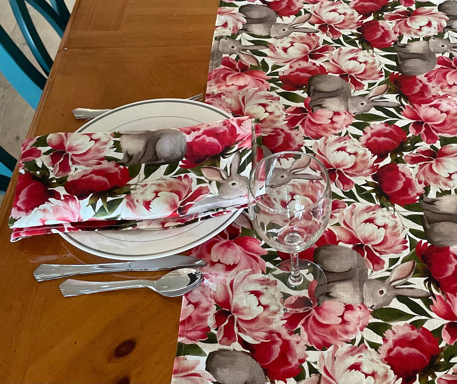 Anghild's Table Napkin Rabbit and Peonies Napkin Set of 4