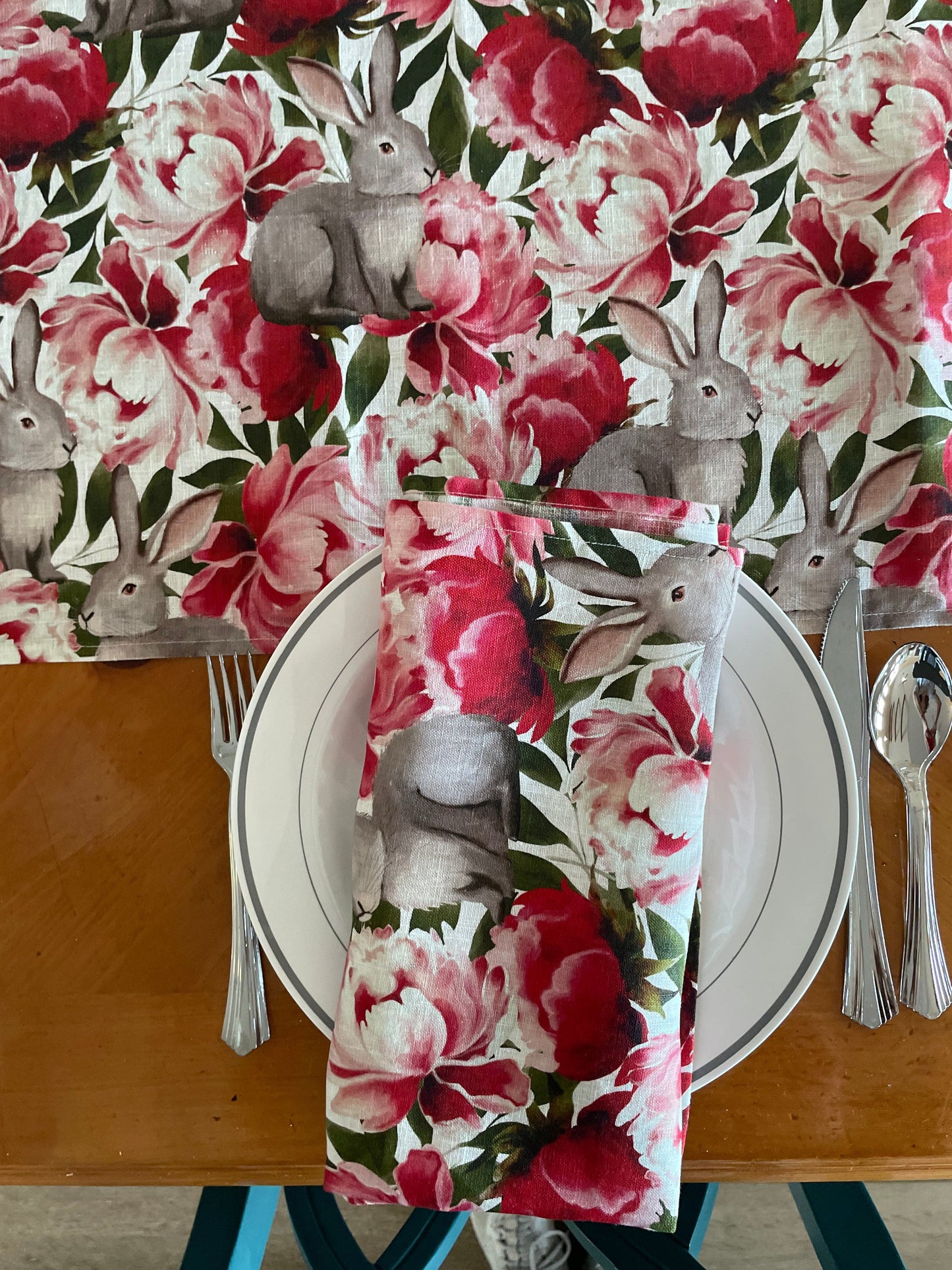 Anghild's Table Napkin Rabbit and Peonies Napkin Set of 4